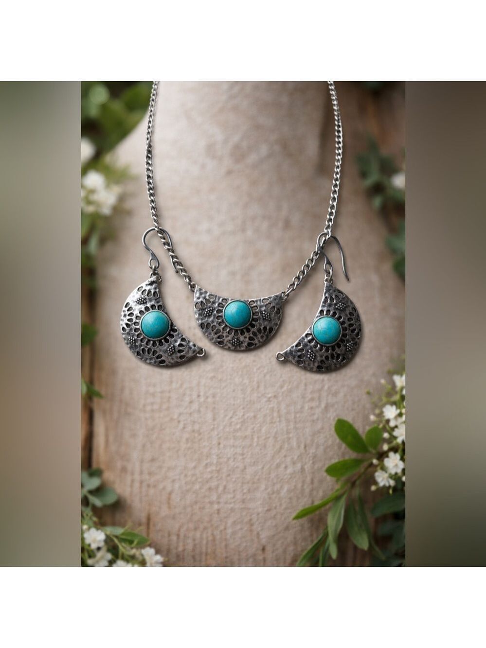 Tribal Howlite Crescent Moon Jewelry Set • Silver Statement Choker & Earrings 🌙